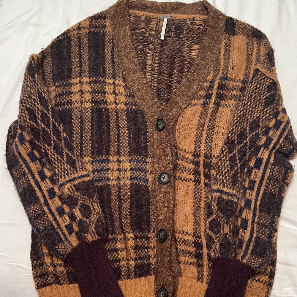 Free People Sepia Plaid Jacquard Oversized Cardigan in Birchwood Combo